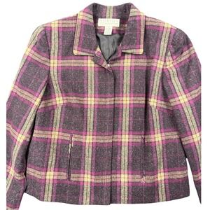 Vintage Norton McNaughton Purple Yellow Plaid Wool Blend Zip Up Jacket Womens 10